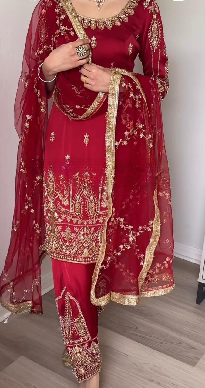 Designer Party Wear Crepe Silk Top, Pant & Dupatta