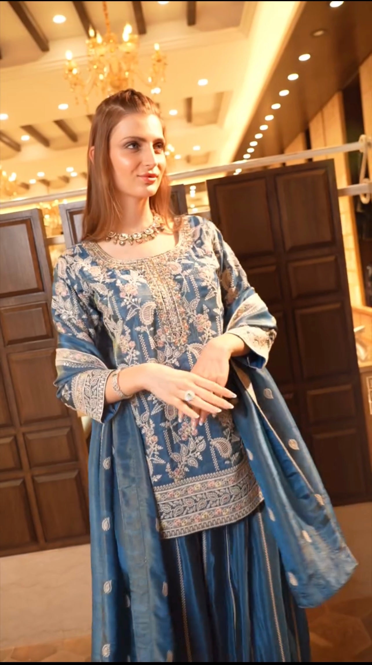 Designer Heavy Embroidered Chinnon Silk Top Palazzo Dupatta