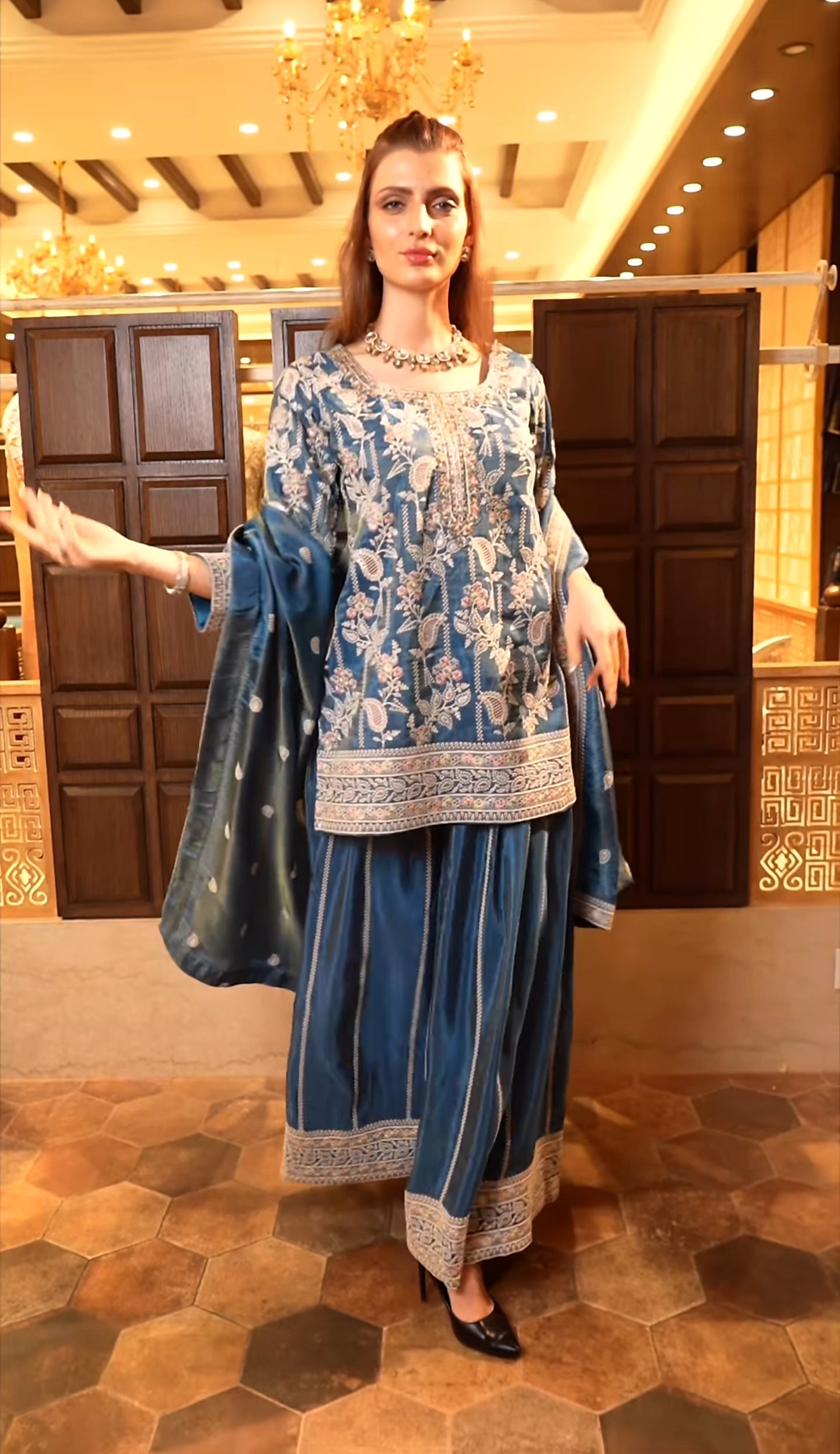 Designer Heavy Embroidered Chinnon Silk Top Palazzo Dupatta