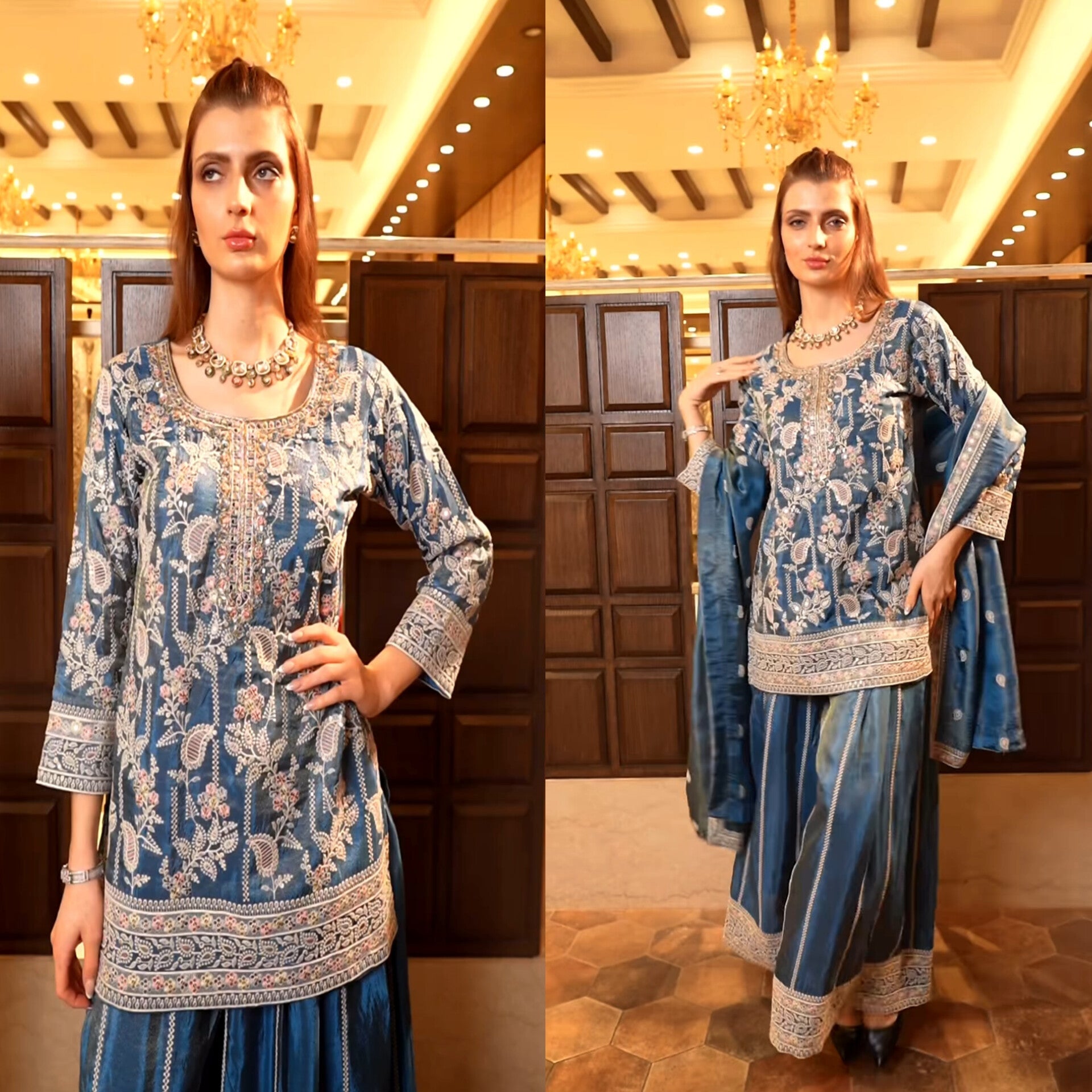 Designer Heavy Embroidered Chinnon Silk Top Palazzo Dupatta