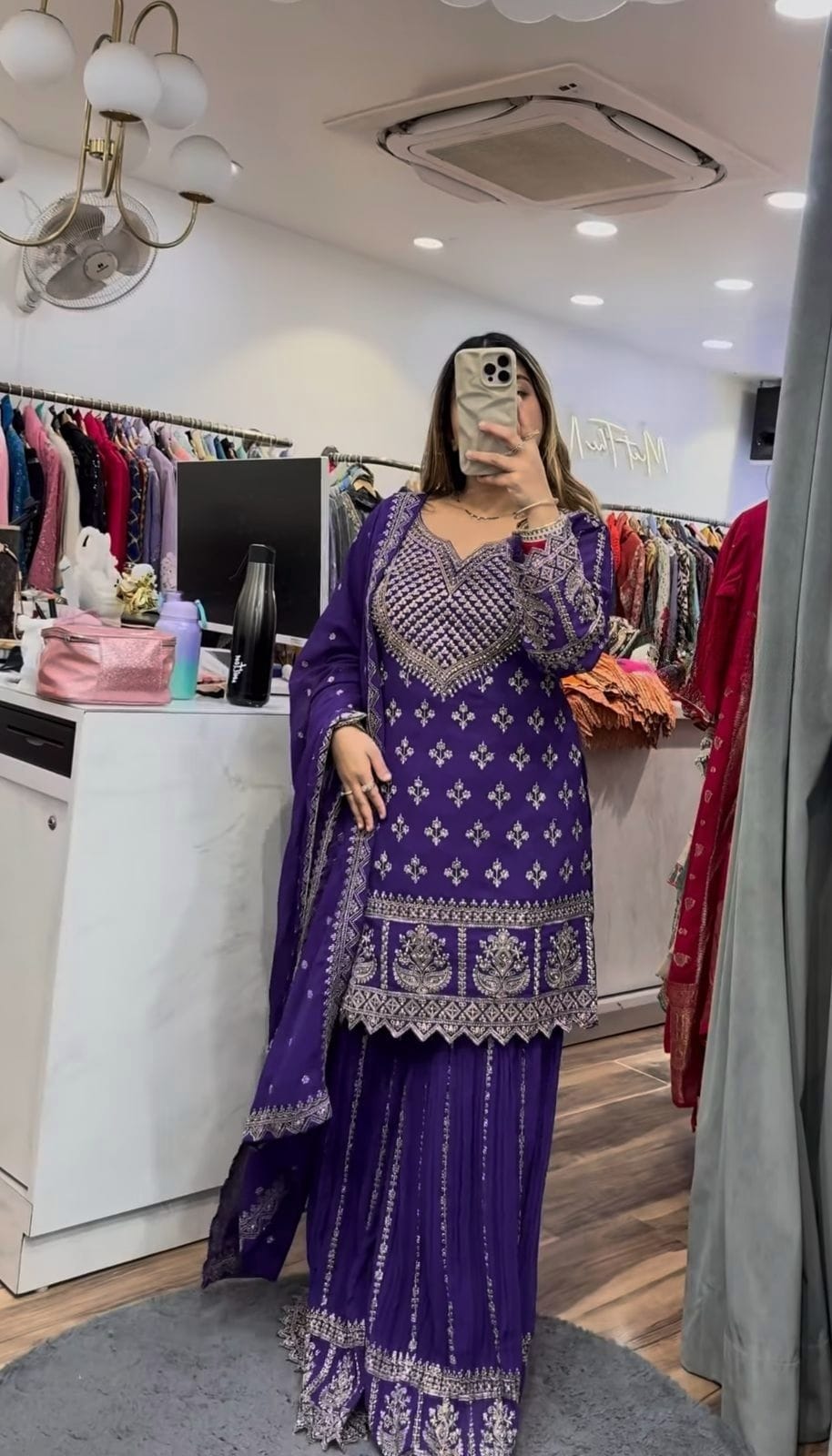 Designer Party Wear Top with Sharara Palazzo & Dupatta | Chinnon Silk