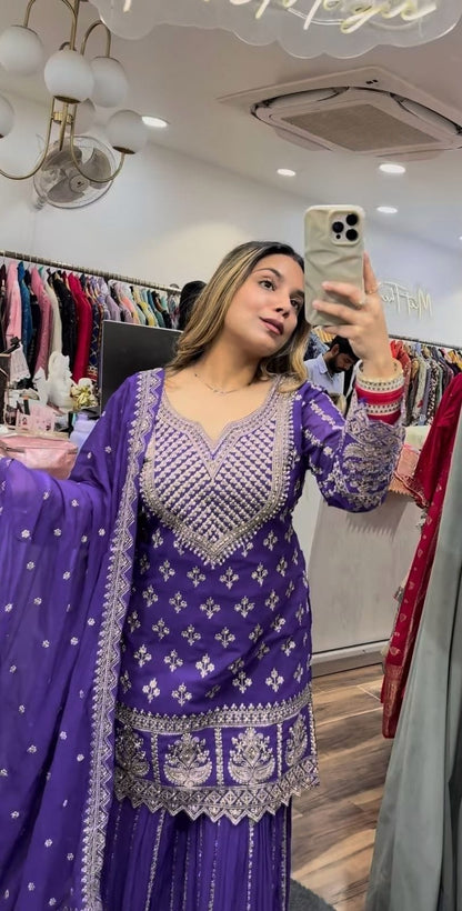 Designer Party Wear Top with Sharara Palazzo & Dupatta | Chinnon Silk