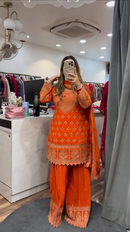Designer Party Wear Top with Sharara Palazzo & Dupatta | Chinnon Silk