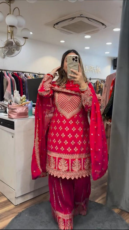 Designer Party Wear Top with Sharara Palazzo & Dupatta | Chinnon Silk