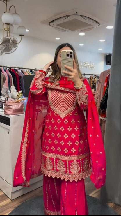 Designer Party Wear Top with Sharara Palazzo & Dupatta | Chinnon Silk