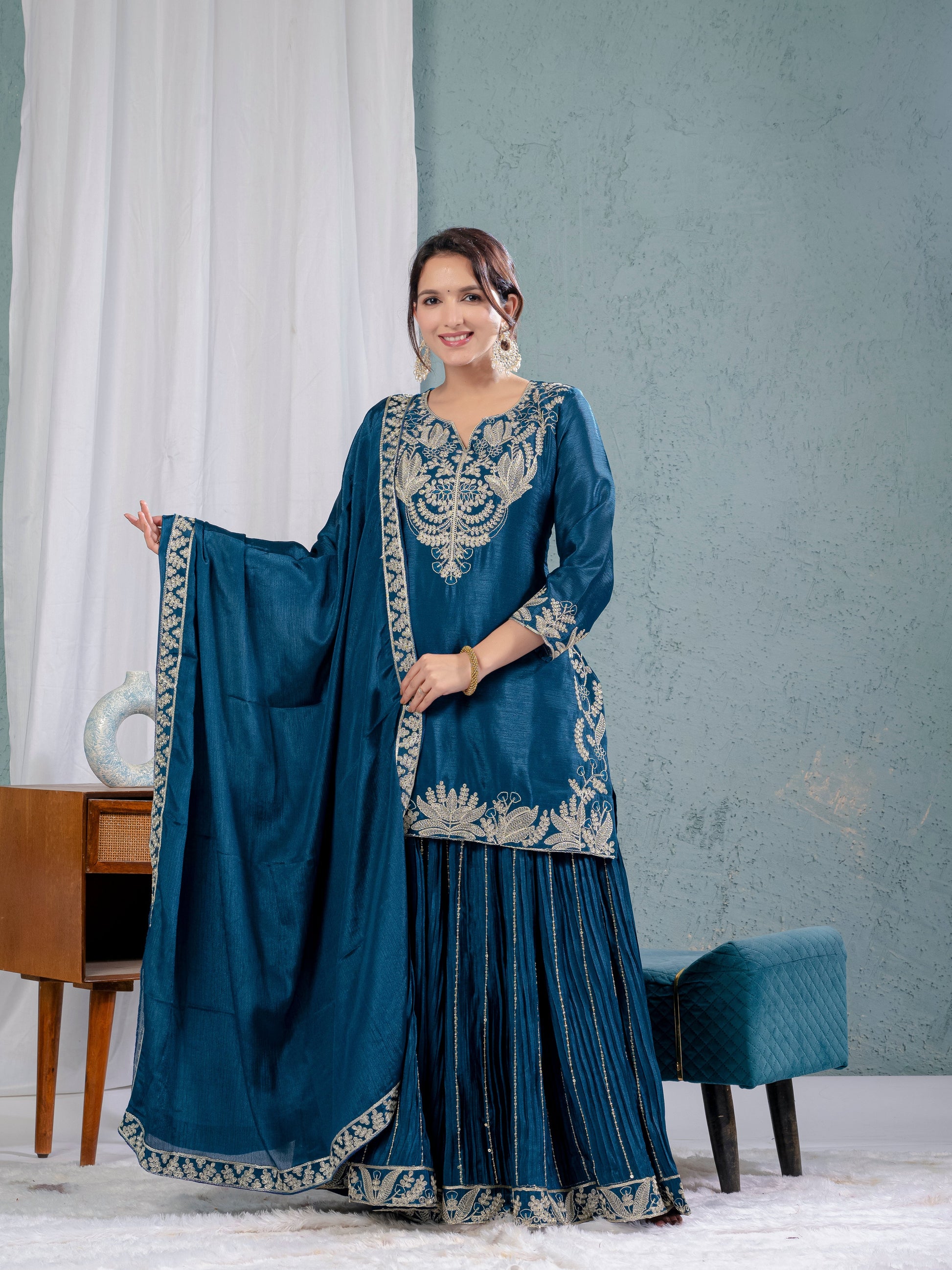 Luxury Partywear Sharara Suit – Chinnon Silk & Sequence Work (ND-5023)