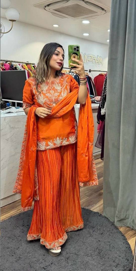 Luxury Partywear Sharara Suit – Chinnon Silk & Sequence Work (ND-5023)