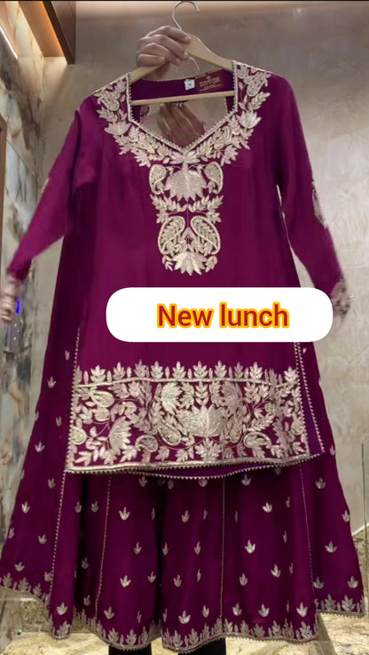 Premium Heavy Chinnon Silk Embroidered Top Plazzo Dupatta Set ND-5039