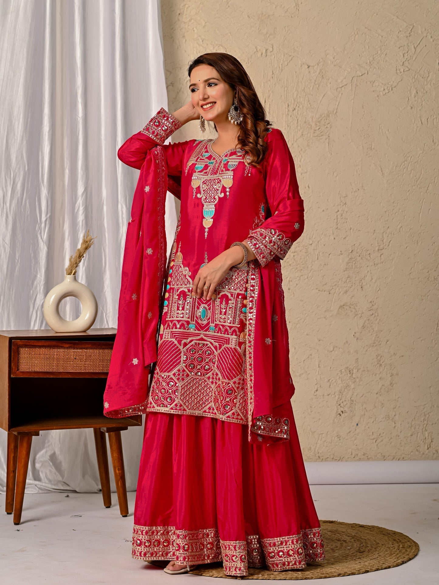 Chinnon Silk Party Wear Top Sharara Palazzo Dupatta Set ND-5047 (63)