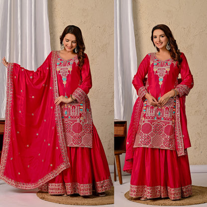 Chinnon Silk Party Wear Top Sharara Palazzo Dupatta Set ND-5047 (63)