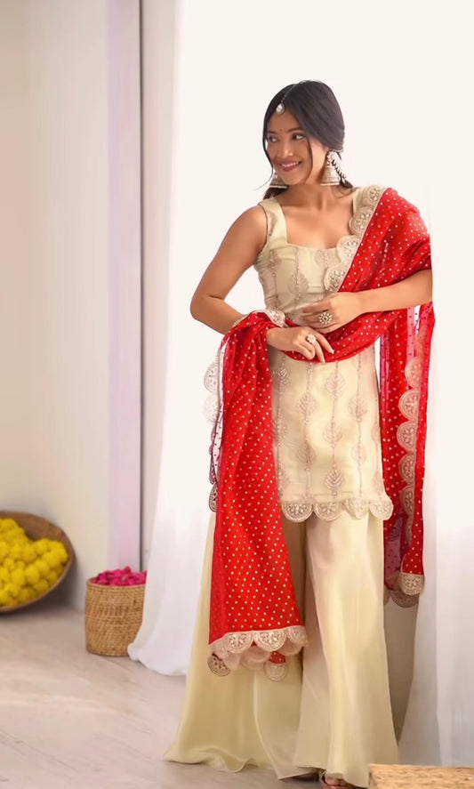 Designer Crepe Silk Embroidered Palazzo Suit with Printed Dupatta