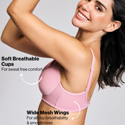 Nykd By Nykaa Iconic Cotton Low Back Padded Non-Wired 3/4th Coverage T-shirt Bra NYB252 Blush