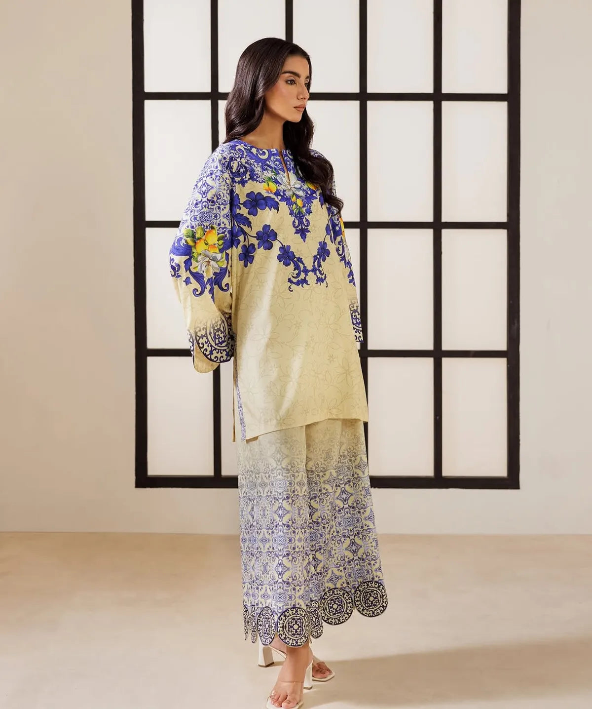 Lemon Yellow Smooth Bsy Ornate Floral Tile Printed Co-Ord Set For Women