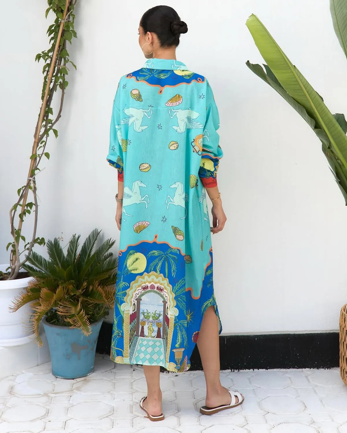 Sky Blue Artistic Printed Shirt Dress with Long Sleeves