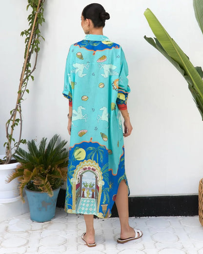 Sky Blue Artistic Printed Shirt Dress with Long Sleeves