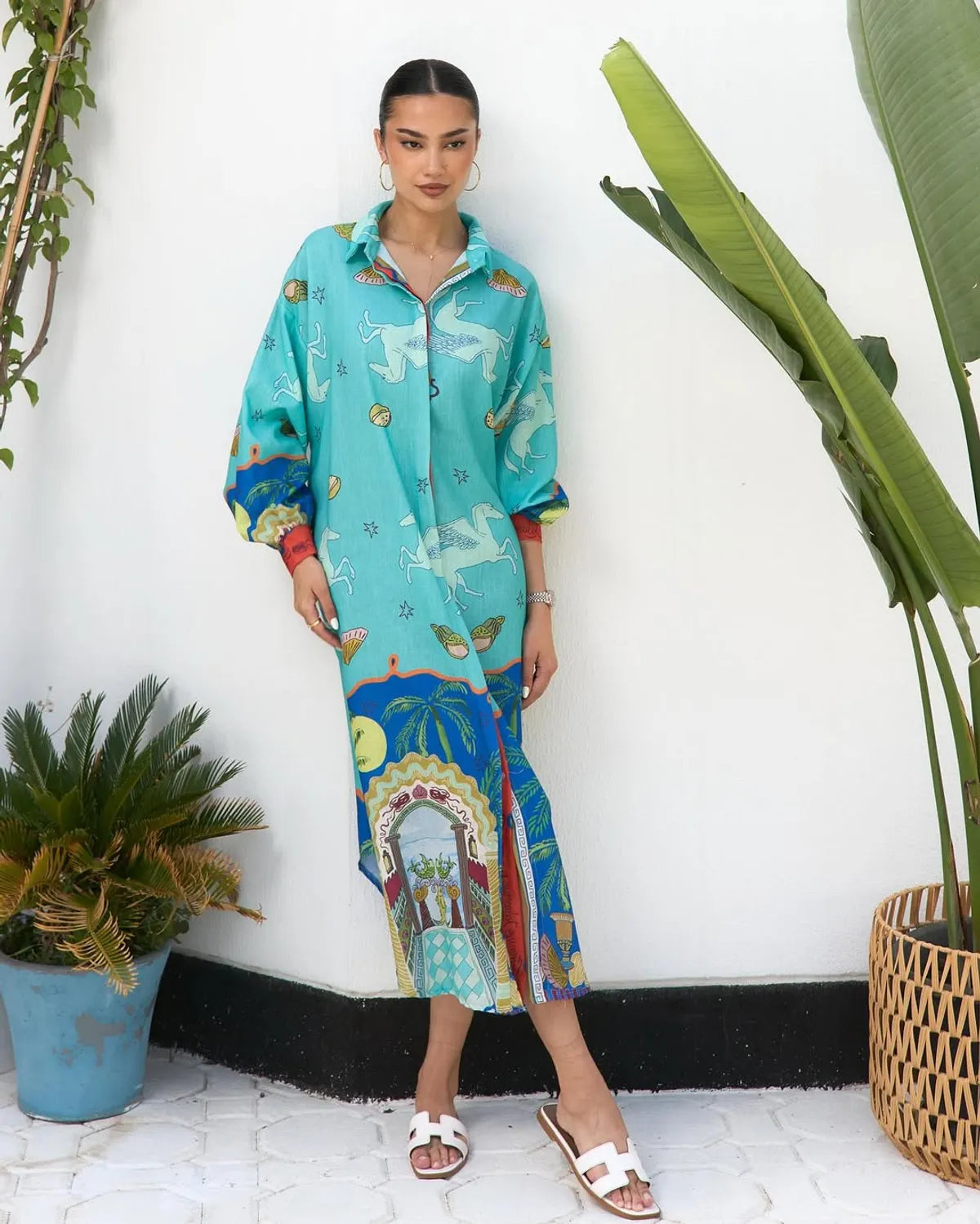 Sky Blue Artistic Printed Shirt Dress with Long Sleeves