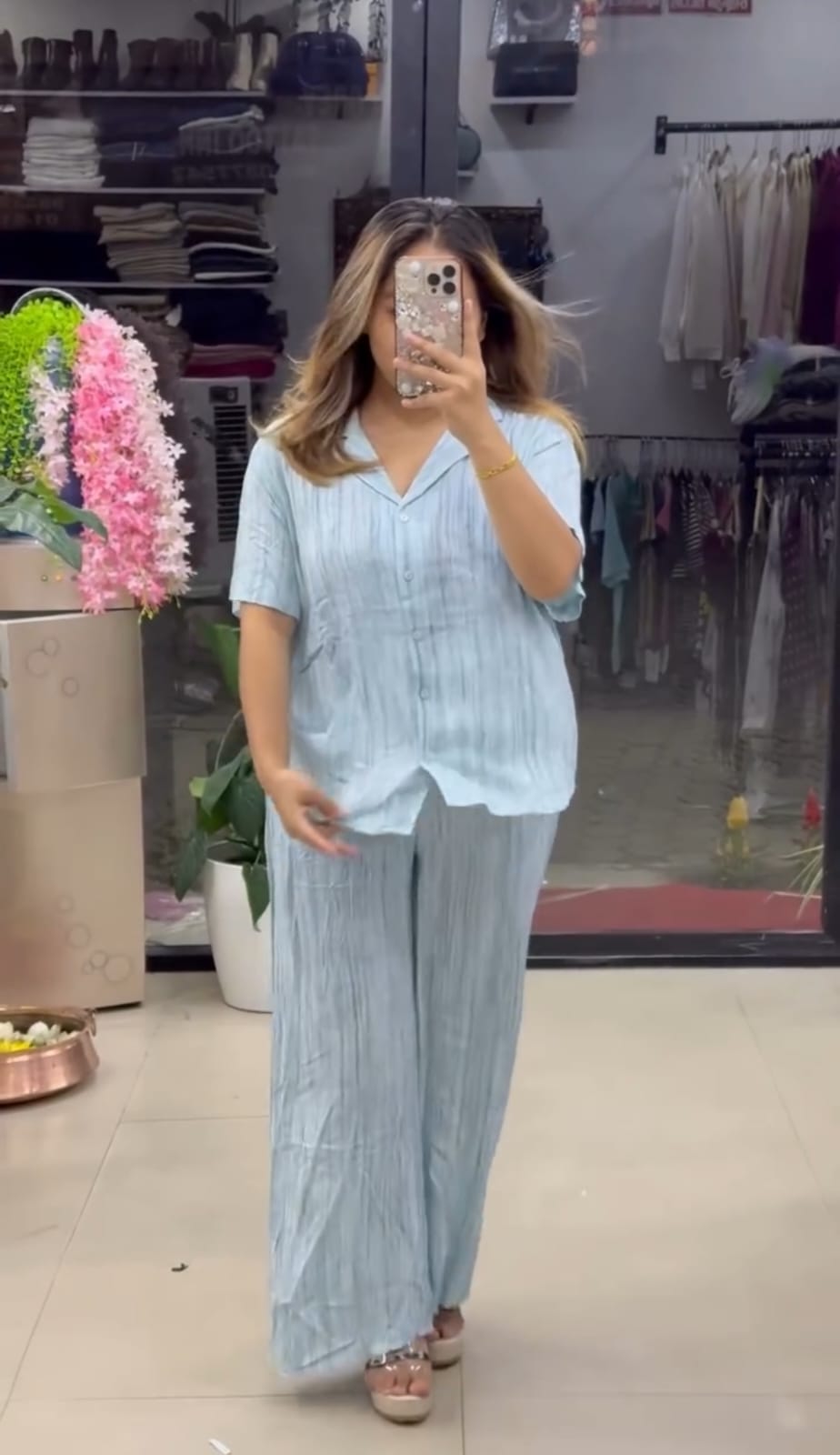 New Color Premium Pure Viscose Natural Crepe Co-ord Set -Lithe Blue