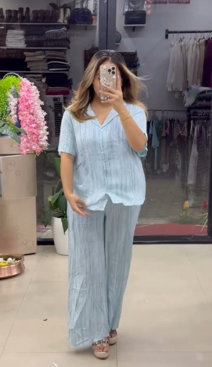 New Color Premium Pure Viscose Natural Crepe Co-ord Set -Lithe Blue