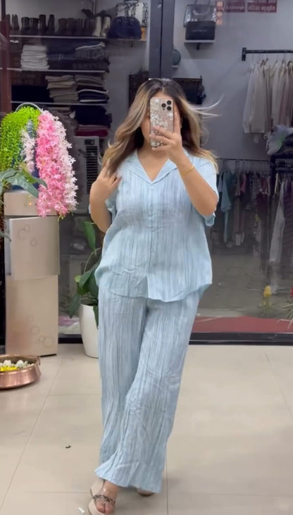 New Color Premium Pure Viscose Natural Crepe Co-ord Set -Lithe Blue