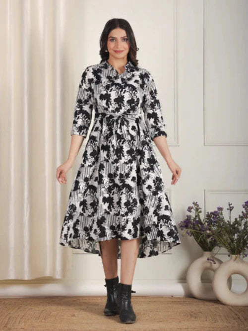 Soft Cotton Abstract Flared Black Dress