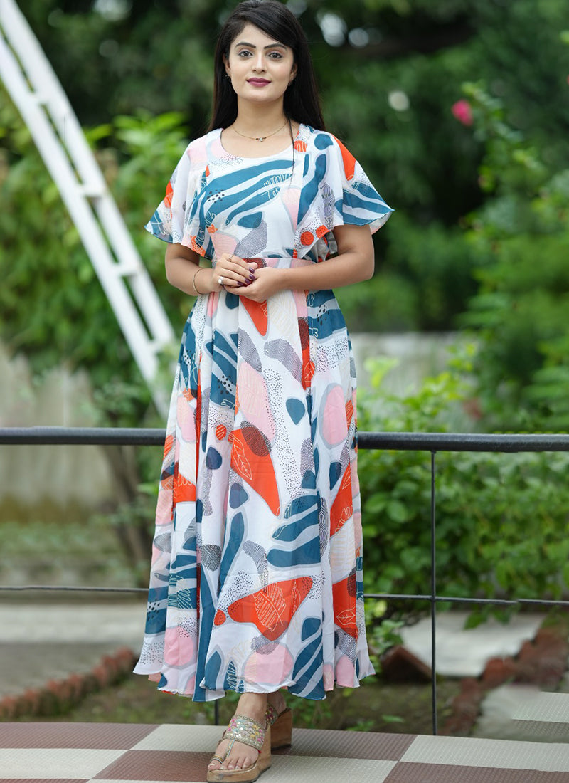 White Georgette Dress With Abstract Print For Party Wear