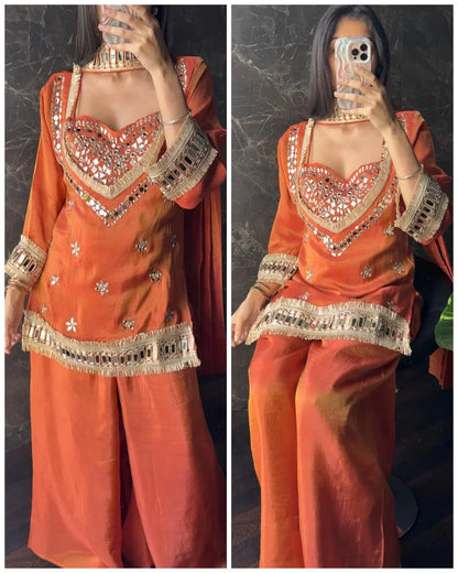 4 Piece Tissue Plazzo Set With Real Mirror And Embrodiery Work-Rust