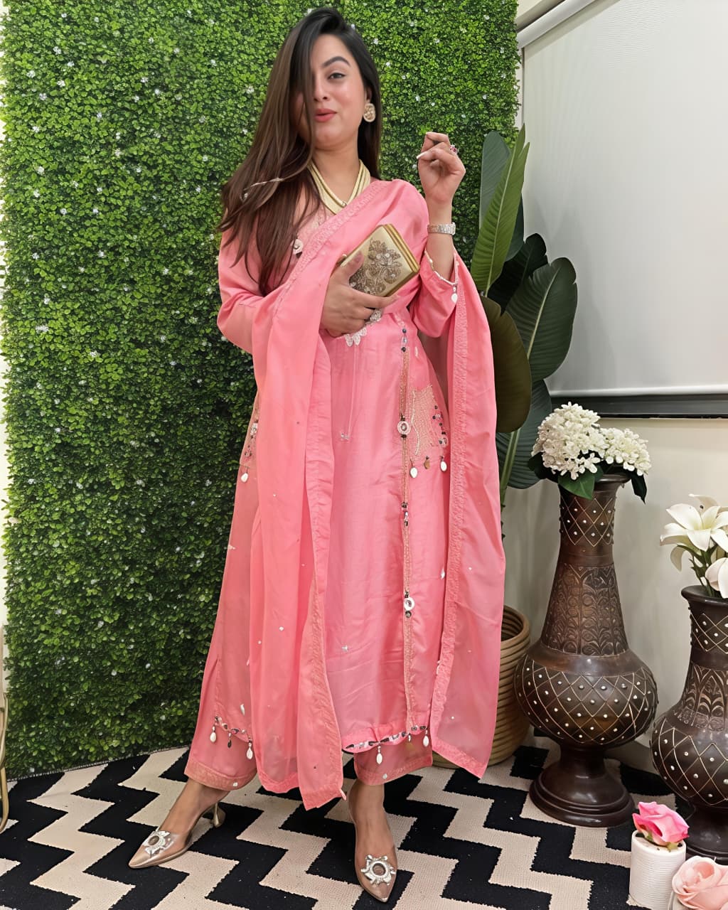 Featuring beautifully Crafted Pure Roman Silk Suits in beautiful Colours, which are decorated with finest sequence & Cowry Embroidery Work (RRRD02)