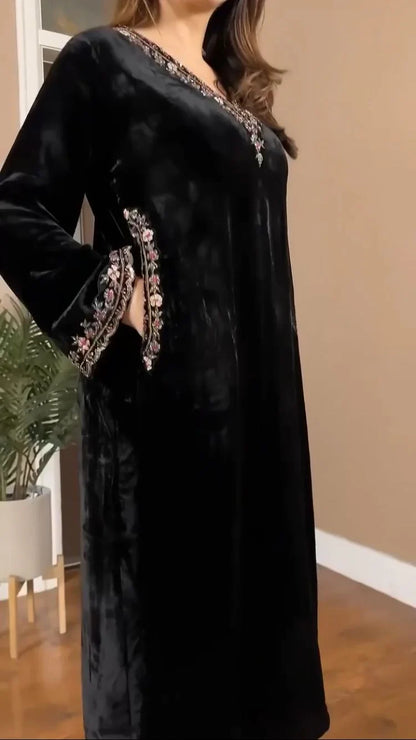 Premium Viscose Velvet Fancy Suit Set for Women – Designer Embroidered Kurta & Velvet Pants | Festive & Party Wear