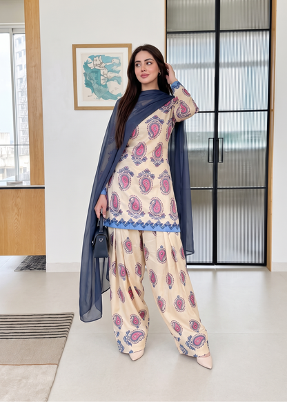 Cream Paisley Print Cotton Kurta Set with Palazzo & Contrast Dupatta D6361