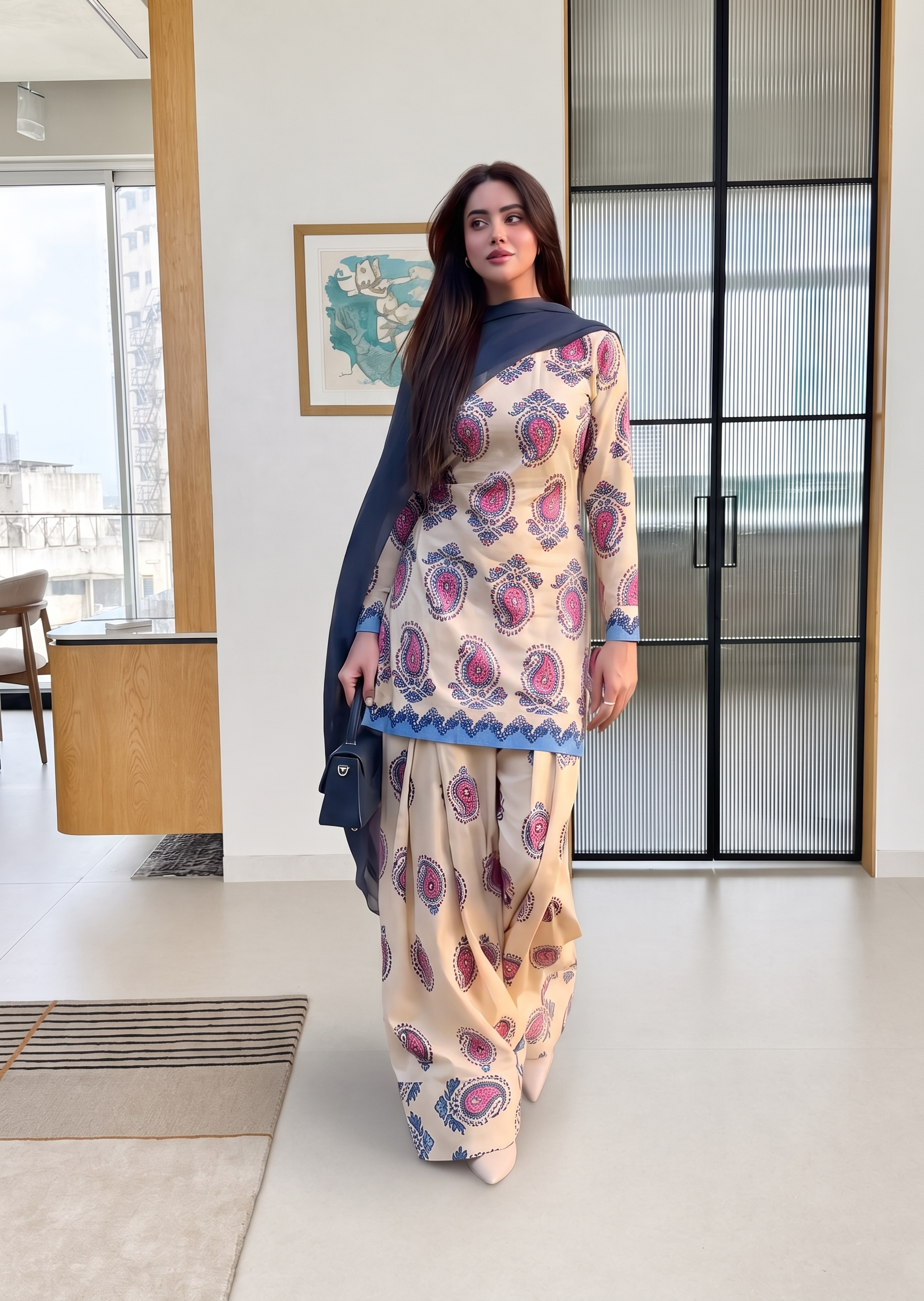 Cream Paisley Print Cotton Kurta Set with Palazzo & Contrast Dupatta D6361