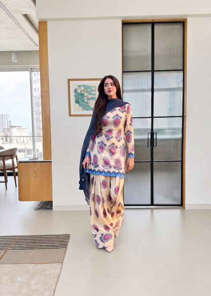 Cream Paisley Print Cotton Kurta Set with Palazzo & Contrast Dupatta D6361