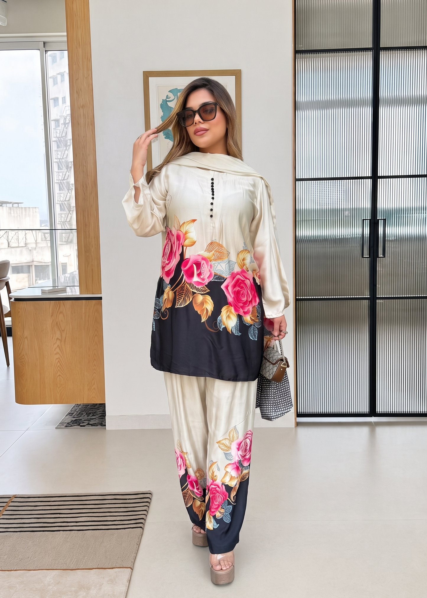 Floral Printed Women's Crepe Silk Straight Kurta Set with Dupatta D6359