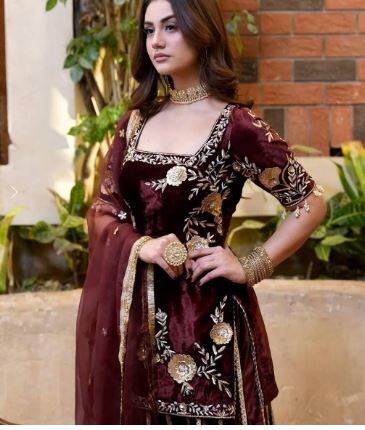 Premium Designer Velvet Sharara Suit with Heavy Embroidery & Net Dupatta