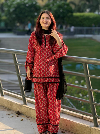 Heritage Red Printed Rayon Kurta & Palazzo Set with Elegant Georgette Dupatta D6363