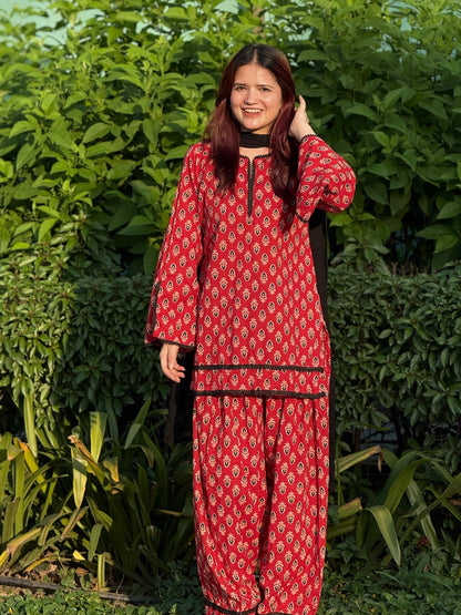 Heritage Red Printed Rayon Kurta & Palazzo Set with Elegant Georgette Dupatta D6363