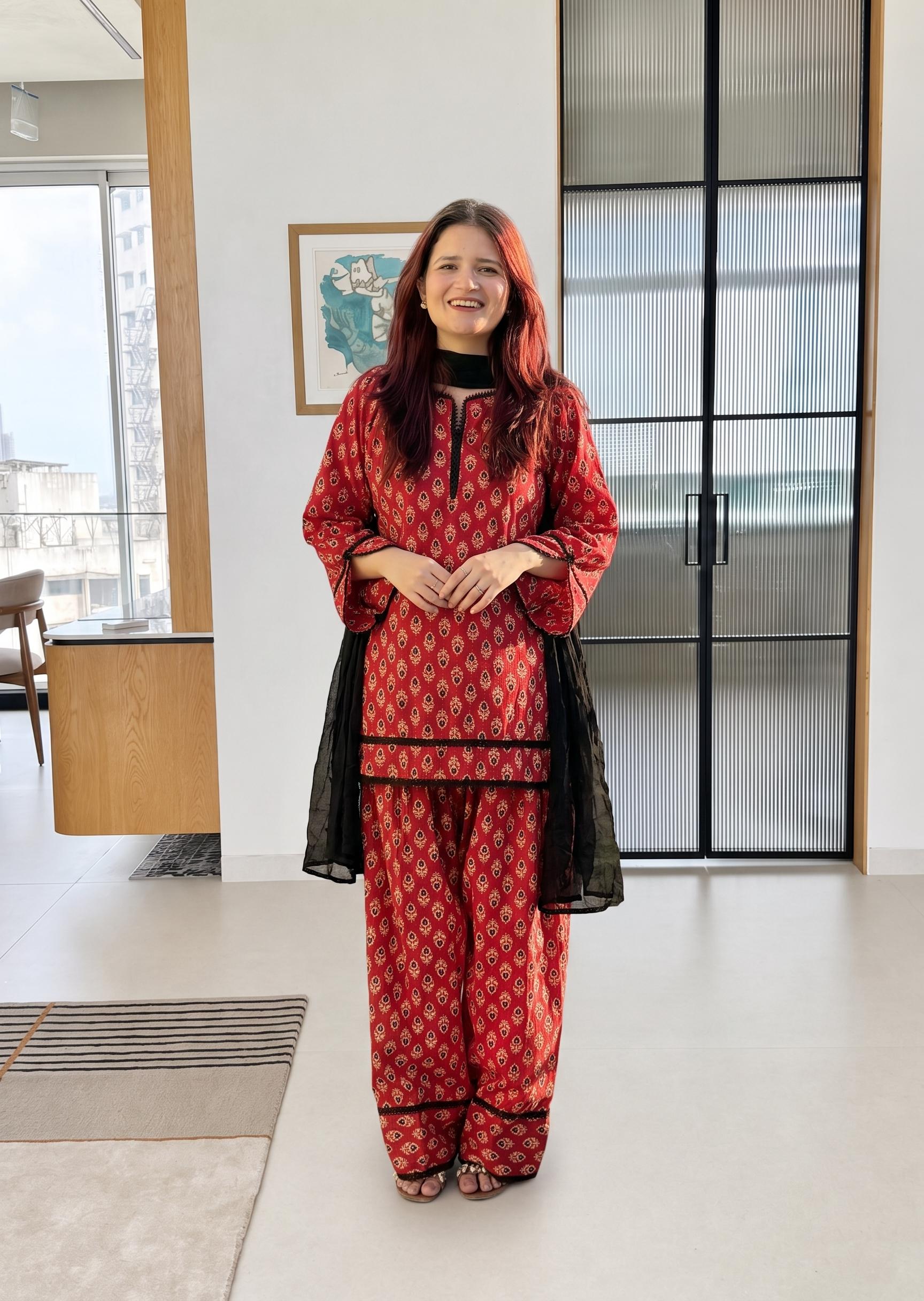 Heritage Red Printed Rayon Kurta & Palazzo Set with Elegant Georgette Dupatta D6363