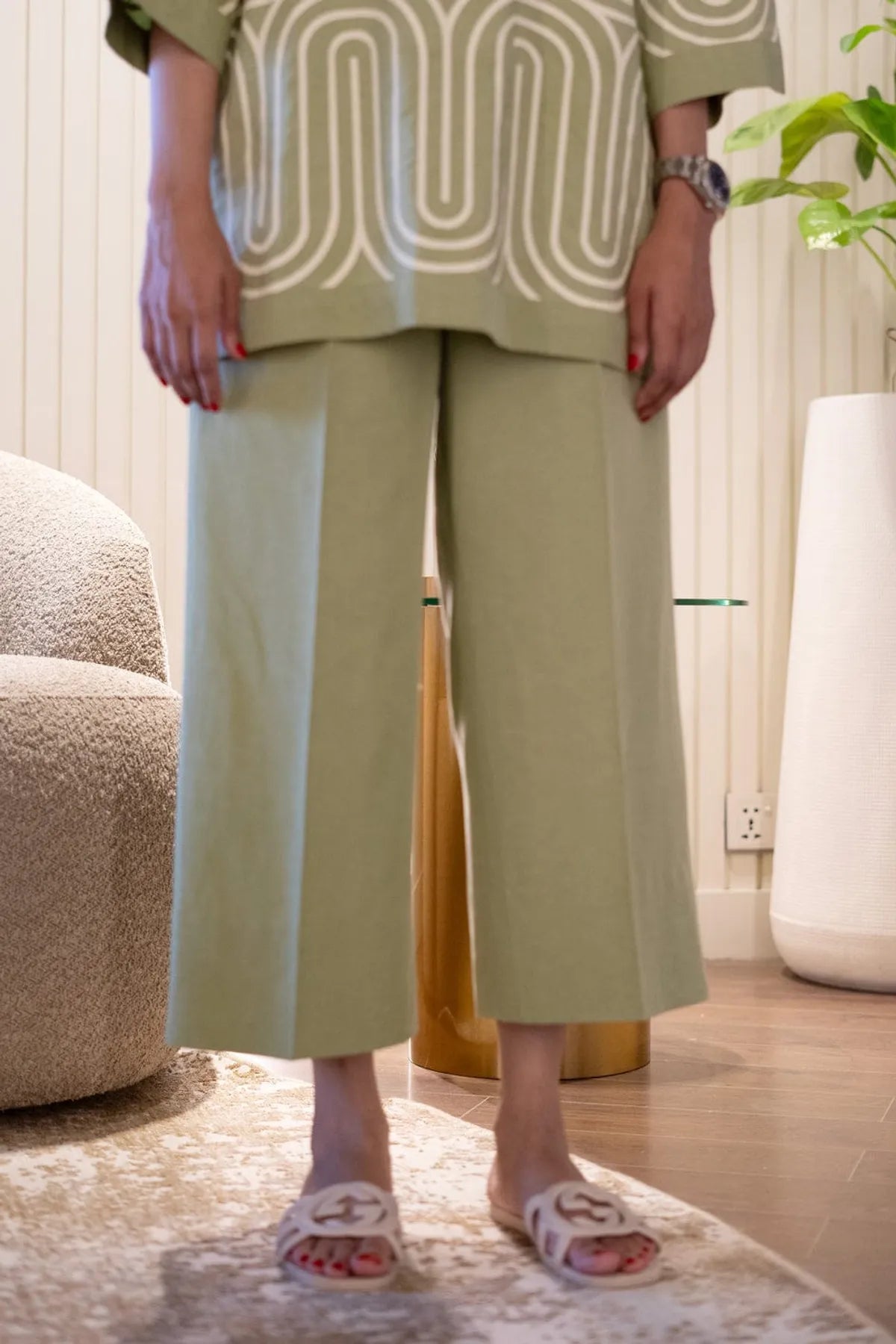 Sage Green Linen Cotton Abstract Wave Printed Chic Cotton Co-Ord Set For Wo..