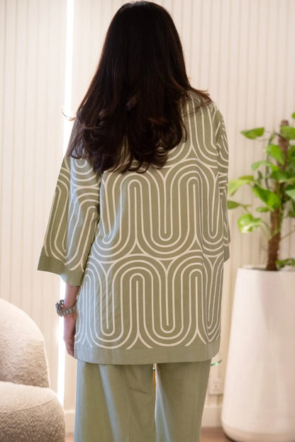 Sage Green Linen Cotton Abstract Wave Printed Chic Cotton Co-Ord Set For Wo..