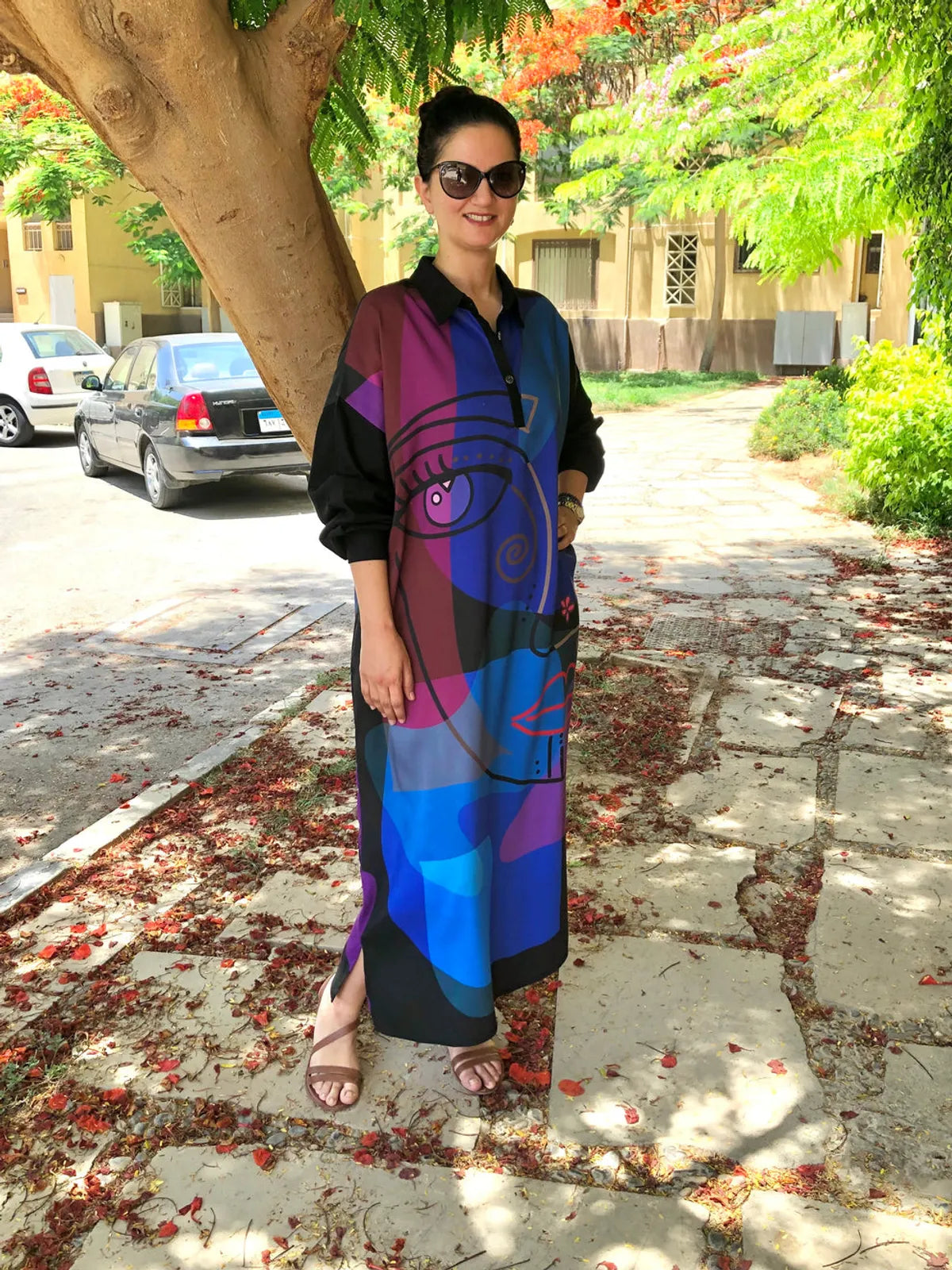 Black Linen Cotton Modern Art Printed Oversized Collared Shirt Dress For Wo..