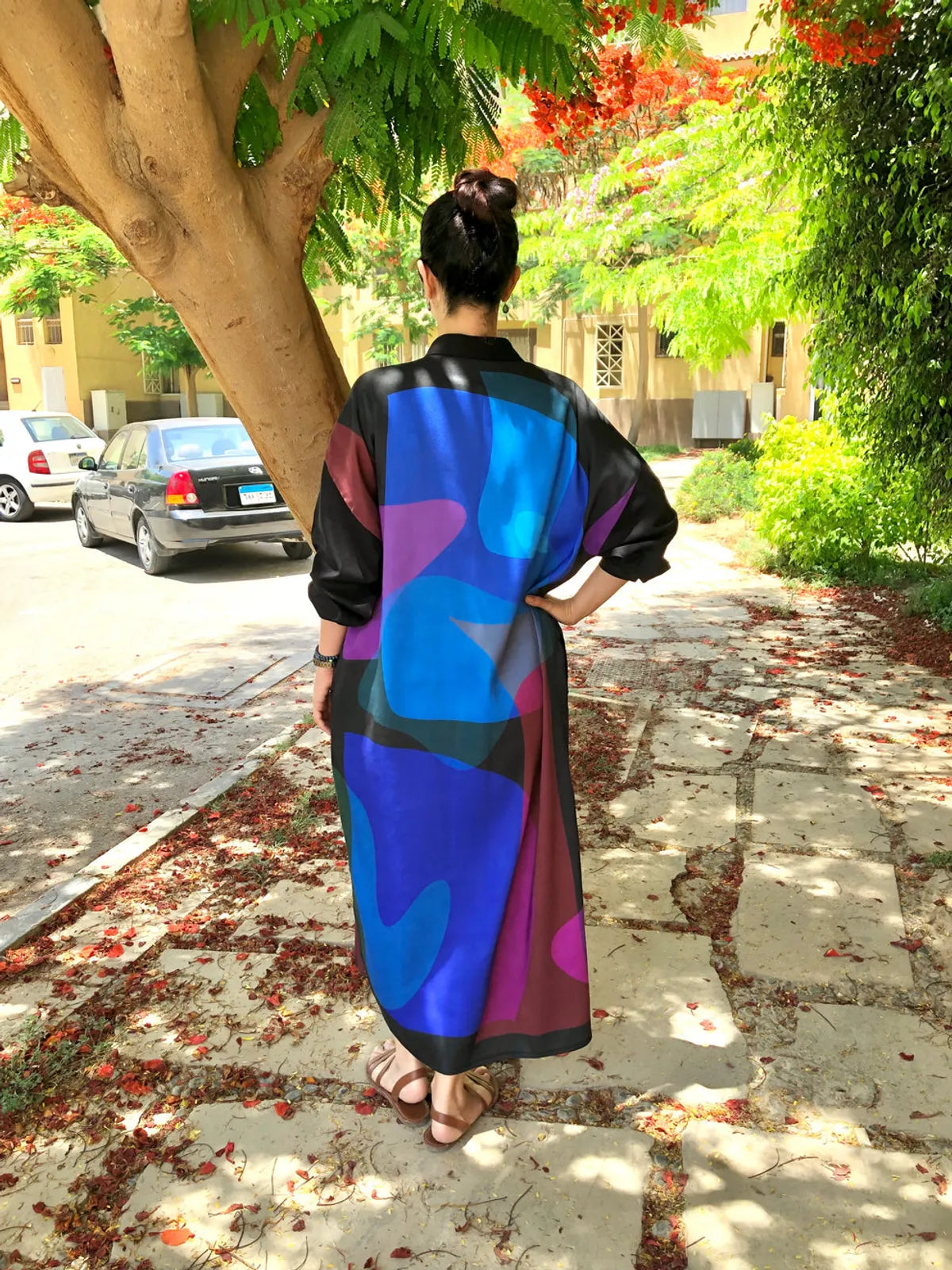 Black Linen Cotton Modern Art Printed Oversized Collared Shirt Dress For Wo..