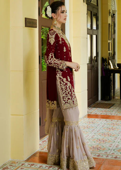 Designer Wine Maroon Embroidered Kurta Sharara Set with Dupatta