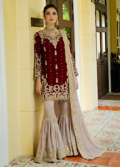 Designer Wine Maroon Embroidered Kurta Sharara Set with Dupatta