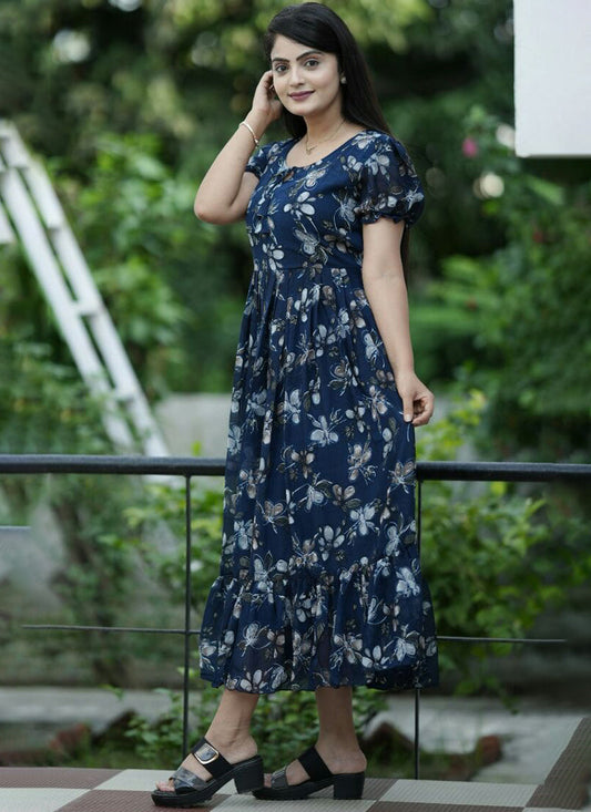 Amusing Royal Blue Floral Printed Georgette Maxi Dress