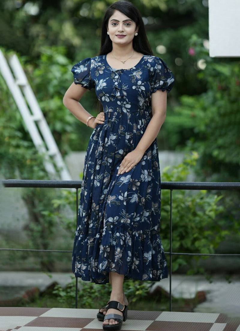 Amusing Royal Blue Floral Printed Georgette Maxi Dress