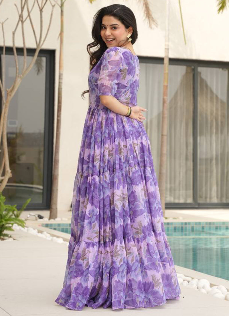 Purple Flower Printed Georgette Party Wear Dress