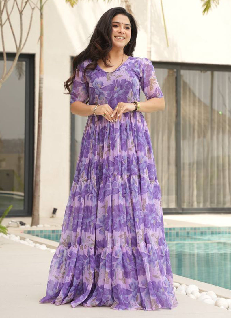 Purple Flower Printed Georgette Party Wear Dress