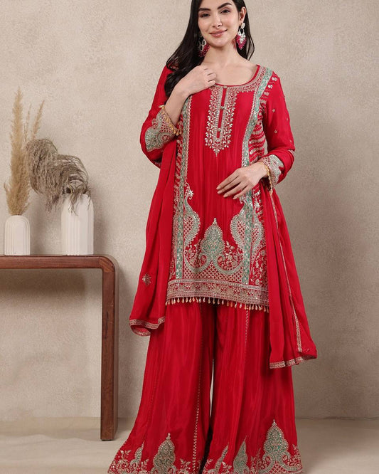 Designer Chinnon Silk Embroidered Sharara Suit | Festive Wear