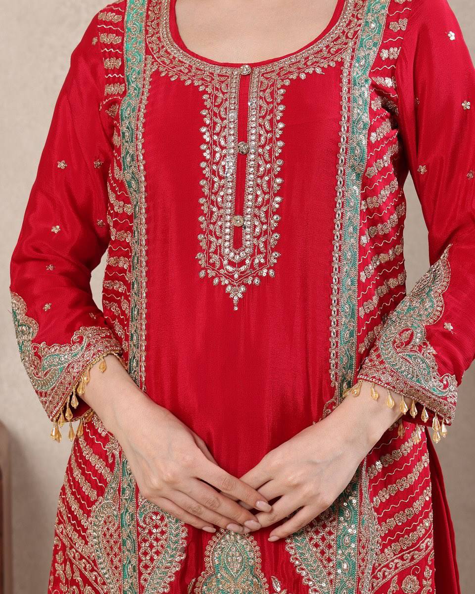 Designer Chinnon Silk Embroidered Sharara Suit | Festive Wear