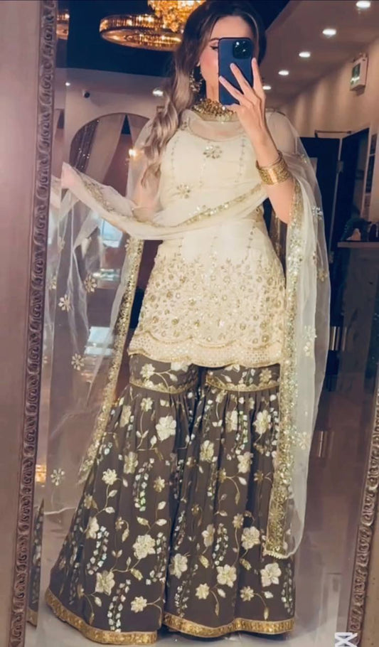 Premium Chinnon Silk Embroidered Sharara Set with Dupatta