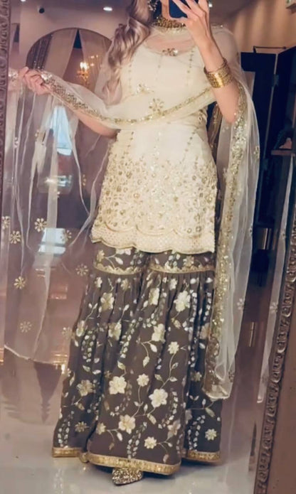 Premium Chinnon Silk Embroidered Sharara Set with Dupatta